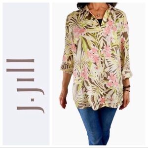 NEW J Jill | Love Linen Tropical Button Down Shirt Green & Pink Floral | XL Tall